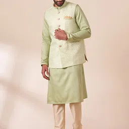 Manyavar Men Mandarin Collar Kurta with Pyjamas & Self Design Nehru Jacket-image-75