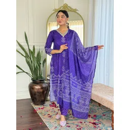 KALINI Bandhani Printed V-Neck Straight Silk Crepe Kurta With Trousers And Dupatta-image-59