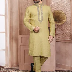 EVASTRO Ethnic Motifs Embroidered Beads and Stones Linen Straight Kurta With Pyjama image 1