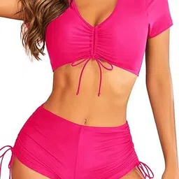 Women Fuzzy V-Neck High-Waist Swim Bikini Set image 4