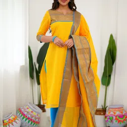 Vastukala Women Woven Design Jacquard Pure Kanchi Cotton Kurta with Dupatta image 4