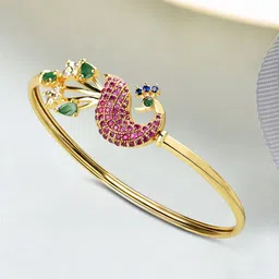 AMI Women Gold-Toned & Pink Brass Cubic Zirconia Gold-Plated Kada Bracelet-image-6