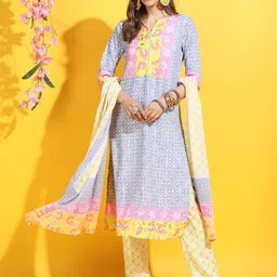 Vishudh Women Ethnic Motifs Printed Regular Pure Cotton Kurta & Trousers with Dupatta-picture-14