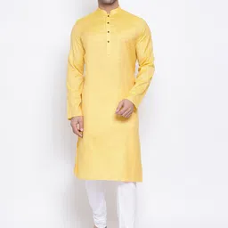 NAMASKAR Men Yellow Solid Cotton Kurta-image-34
