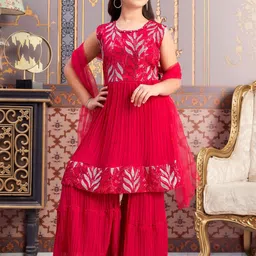Aarika Girls Floral Embroidered Regular Kurta with Sharara & With Dupatta-picture-34