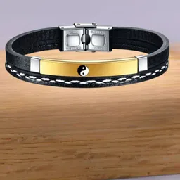 M Men Style Men Gold-Plated Yin Yang Symbol Leather Wraparound Bracelet-picture-19