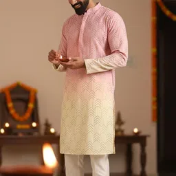 KISAH Men Ombre Embroidered Regular Thread Work Kurta with Trousers-picture-13