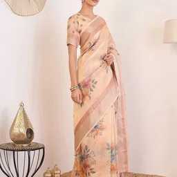 House of Pataudi Floral Printed Chanderi Saree with Unstitched Blouse image 2