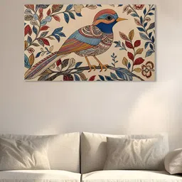 nestroots Beige & Blue Birds and Animals Canvas Painting Wall Art-image-1