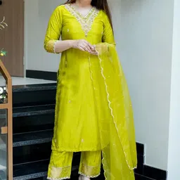 KALINI Women Ethnic Motifs Embroidered Regular Thread Work Chanderi Silk Kurta with Trousers & With Dupatta image 3