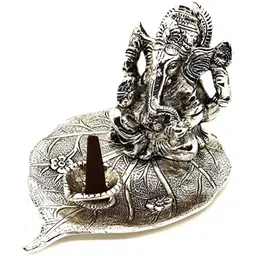 INTERNATIONAL GIFT Silver-Plated Lord Ganesha Sitting On Leaf With Diya-image-46
