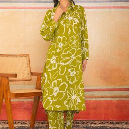 LABEL ADRIJA Women Full Sleeves Floral Printed Cotton Kurta And Trousers Co-Ord Set-picture-26