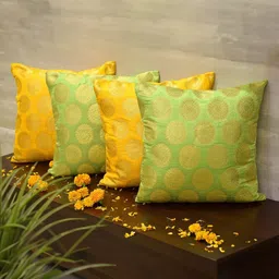 RoyalDeco Green & Yellow 4 Pieces Ethnic Motifs Brocade Square Cushion Covers-picture-16