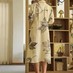 SANSKRUTIHOMES Women Off White Cotton Printed Shirt Collar Dress image 5