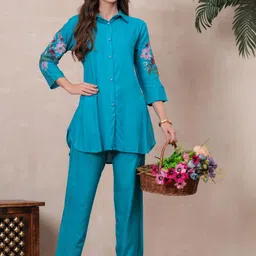 KALINI Women Embroidered Shirt Collar Neck Tunic With Trouser Co-Ord Set-image-15