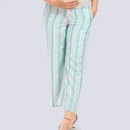 Mom For Sure by Ketki Dalal Women Sea Green Striped Relaxed Straight Fit High-Rise Easy Wash Maternity Trousers-picture-28