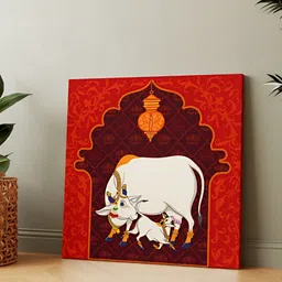 Casperme Red Canvas Kamdhenu Cow Birds and Animals Wall Art-picture-25