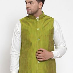 Jompers Men Green Solid Pure Cotton Embellished Nehru Jacket-picture-18