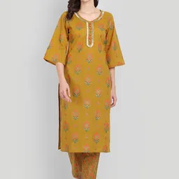 githaan Women Mustard Yellow Ethnic Motifs Embroidered Regular Pure Cotton Kurti with Trousers-image-37