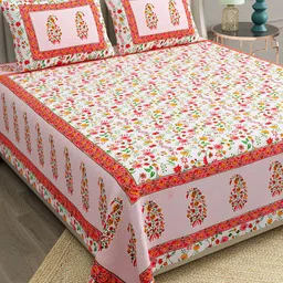 BELLA CASA Ethic White & Pink Printed Cotton 180 TC King Bedsheet with 2 Pillow Covers-image-0