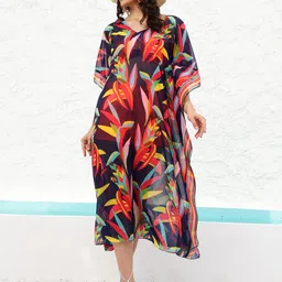 Athena Floral Printed V-Neck Kaftan Midi Swimwear Cover up Top-picture-16