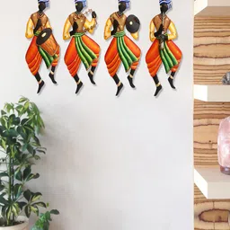 eCraftIndia 4 Tribal Man Playing Different Musical Instruments Metal 4Pcs Wall Hangings-15In image 1