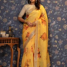House of Pataudi Floral Printed Sequinned Organza Saree-picture-1