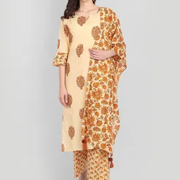 githaan Women Yellow Printed Layered Pure Cotton Kurti with Palazzos & With Dupatta-image-4