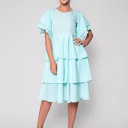 God Bless Olive Green & soothing sea Crepe Dress-image-10