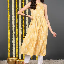 KALINI Floral Printed Keyhole Neck Sleeveless A-Line Pleated Kurta-picture-21