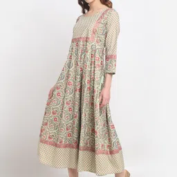 SOUNDARYA Olive Green Floral Ethnic A-Line Midi Dress-picture-31