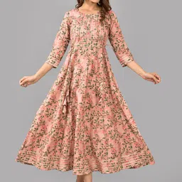 AAYUMI Floral Printed Anarkali Pure Cotton Fit and Flare Midi Ethnic Dress image 1