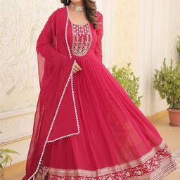 BAESD Floral Embroidered Round Neck Anarkali Georgette Gown With Dupatta-picture-25