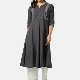 RANGMANCH BY PANTALOONS Floral Embroidered Anarkali Notch Neck Kurta-picture-26