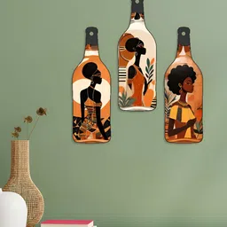 SAF Orange-Colored & Brown 3 Pieces Abstract Art Bottle Shaped Wooden Wall Decors image 1