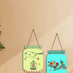 SAF Yellow & Blue 2 Pieces Bird & Cage Design Jar Shape Wooden Wall Hangings With Strings image 1