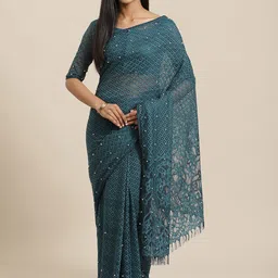 Saree mall Teal Blue Lace Supernet Saree-picture-37