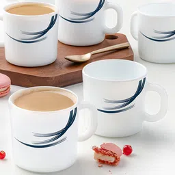 Larah by BOROSIL White & Navy Blue Printed Opalware Glossy Set of 6 Mugs-picture-6