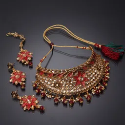 ANIKAS CREATION Gold-Plated Beige & Maroon Kundan-Studded Enamelled Bridal Look Choker Jewellery Set-picture-22