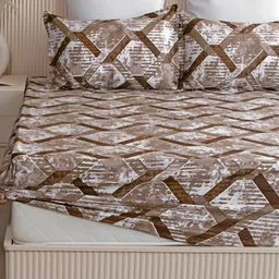 HOMEMONDE Camel Brown Printed Cotton 210 TC Fitted Queen Bedsheet with 2 Pillow Covers-picture-35
