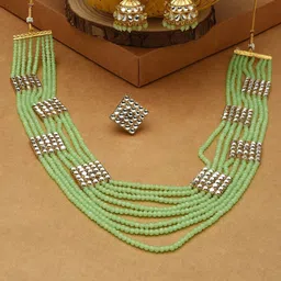 Zaveri Pearls Gold- Plated Green & White Stone Studded & Beaded Jewellery Set-picture-29