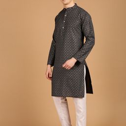 SOJANYA Band Collar Ethnic Motifs Printed Cotton Linen Kurta with Pyjamas-picture-23