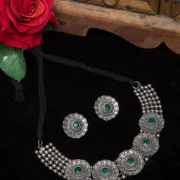 Moedbuille Oxidised Silver-Plated Green Crystal-Studded Handcrafted Jewellery Set-picture-33