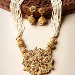 ADIVA Gold-Plated Artificial-Stones Studded & Beaded Necklace And Earrings-picture-36