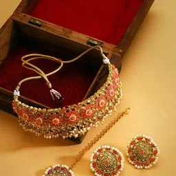 Jazz and Sizzle Women Gold-Plated Pink Kundan-Studded & Pearl Beaded Jewellery Set-picture-34