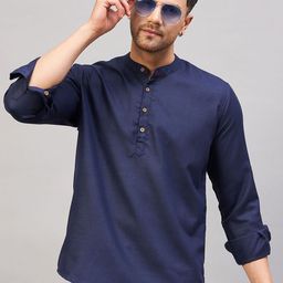VASTRAMAY Band Collar Roll-Up Sleeves Cotton Straight Kurta-picture-22