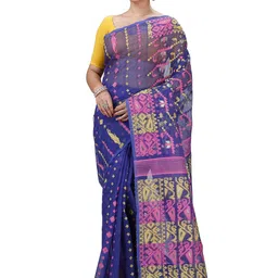 PuJoy Ethnic Motifs Zari Pure Cotton Jamdani Saree image 1