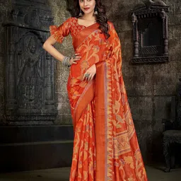 Mitera Orange & Yellow Floral Printed Pure Linen Jamdani Saree-image-35