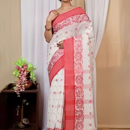 PuJoy Floral Pure Cotton Handloom Taant Saree image 1