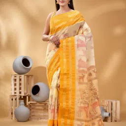 DESH BIDESH Ethnic Motifs Printed Zari Pure Cotton Taant Saree image 1